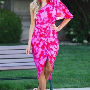 Ruby & fuchsia one shoulder wrap dress